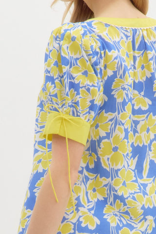 Entro | Thalina Floral Print V-Neck Top Blue
