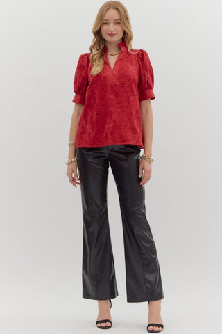 Entro | Penelope Floral Embroidered Puff Top Red