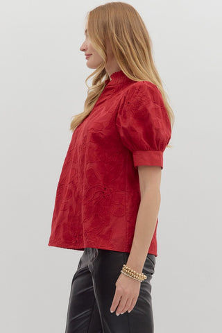 Entro | Penelope Floral Embroidered Puff Top Red