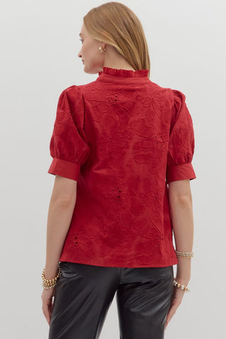 Entro | Penelope Floral Embroidered Puff Top Red