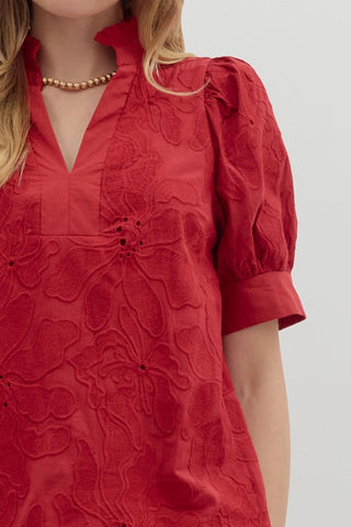 Entro | Penelope Floral Embroidered Puff Top Red