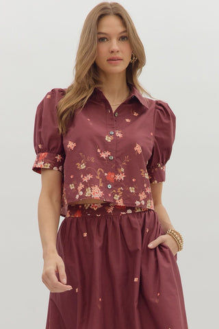 Entro | Quince Collared Floral Print Blouse Burgundy