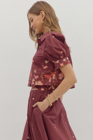 Entro | Quince Collared Floral Print Blouse Burgundy