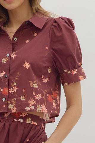Entro | Quince Collared Floral Print Blouse Burgundy