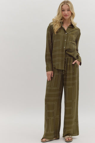 Entro | Wynn Abstract Print Button Shirt Olive