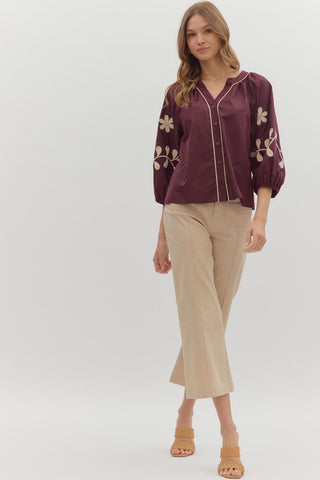 Entro | Corie Embroidered Sleeve Solid Top Merlot