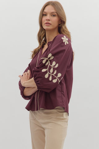 Entro | Corie Embroidered Sleeve Solid Top Merlot