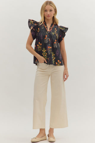 Entro | Zoey Botanical Flutter Sleeve Top Black
