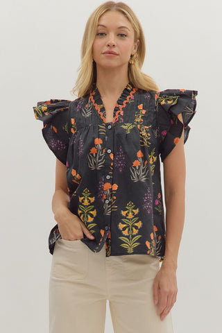 Entro | Zoey Botanical Flutter Sleeve Top Black