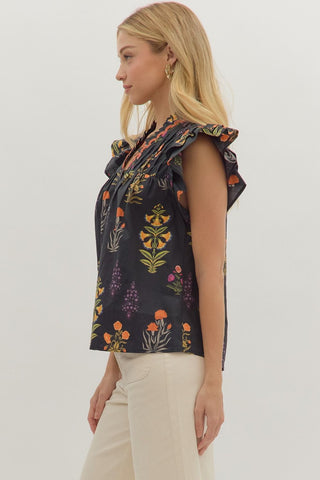 Entro | Zoey Botanical Flutter Sleeve Top Black