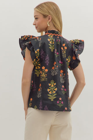Entro | Zoey Botanical Flutter Sleeve Top Black