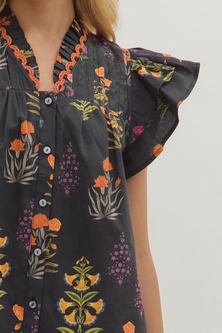 Entro | Zoey Botanical Flutter Sleeve Top Black
