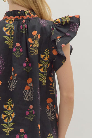 Entro | Zoey Botanical Flutter Sleeve Top Black