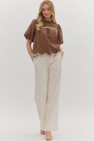 Entro | Camryn Scallop Embroidered Puff Top Espresso