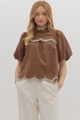 Entro | Camryn Scallop Embroidered Puff Top Espresso