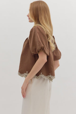 Entro | Camryn Scallop Embroidered Puff Top Espresso