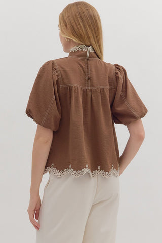 Entro | Camryn Scallop Embroidered Puff Top Espresso