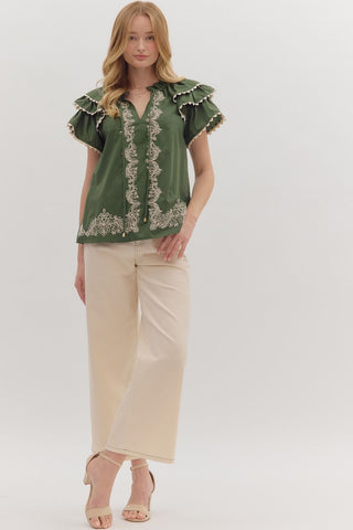 Entro | Katie Flutter Sleeve Embroidered Top Olive