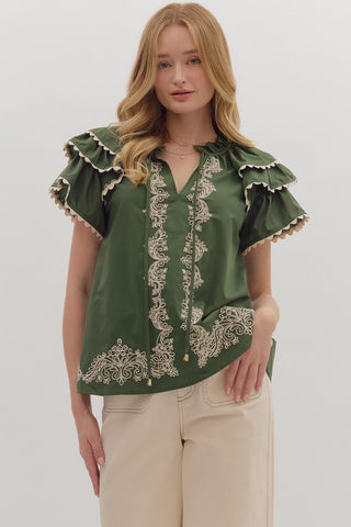 Entro | Katie Flutter Sleeve Embroidered Top Olive