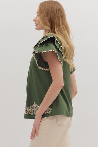 Entro | Katie Flutter Sleeve Embroidered Top Olive