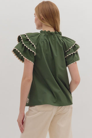Entro | Katie Flutter Sleeve Embroidered Top Olive