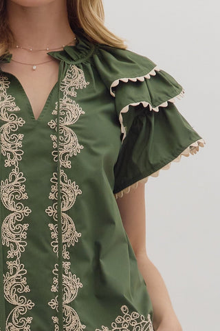 Entro | Katie Flutter Sleeve Embroidered Top Olive