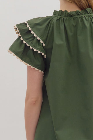 Entro | Katie Flutter Sleeve Embroidered Top Olive