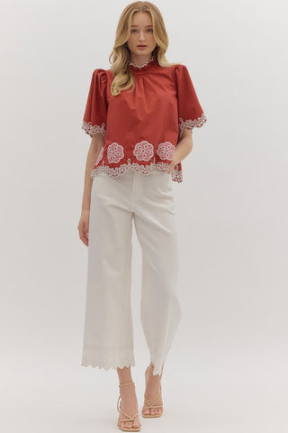 Entro | Elvyn Floral Embroidered Flutter Top Brick