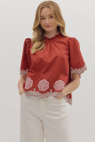 Entro | Elvyn Floral Embroidered Flutter Top Brick