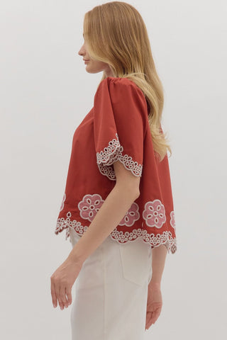 Entro | Elvyn Floral Embroidered Flutter Top Brick
