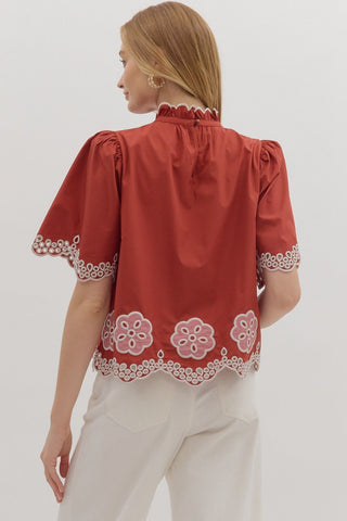 Entro | Elvyn Floral Embroidered Flutter Top Brick