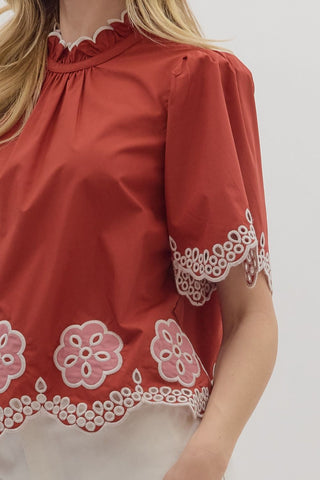 Entro | Elvyn Floral Embroidered Flutter Top Brick
