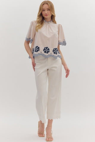 Entro | Elvyn Floral Embroidered Flutter Top Ecru