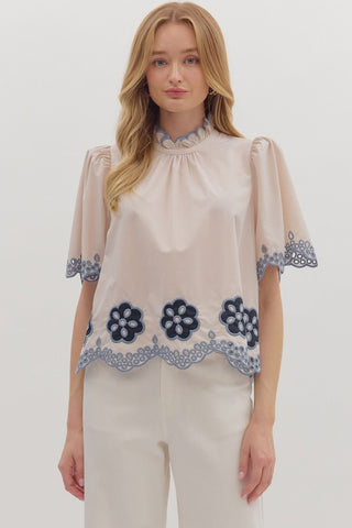 Entro | Elvyn Floral Embroidered Flutter Top Ecru