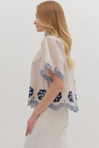 Entro | Elvyn Floral Embroidered Flutter Top Ecru