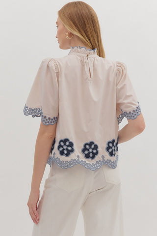 Entro | Elvyn Floral Embroidered Flutter Top Ecru