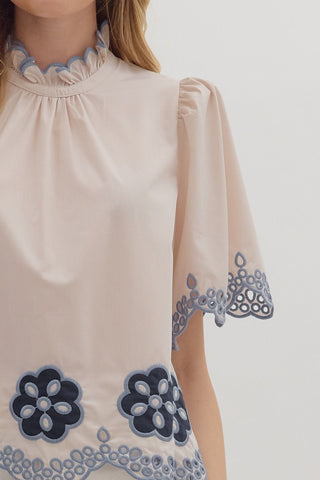 Entro | Elvyn Floral Embroidered Flutter Top Ecru