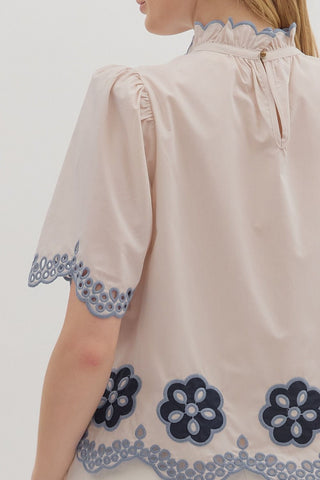 Entro | Elvyn Floral Embroidered Flutter Top Ecru