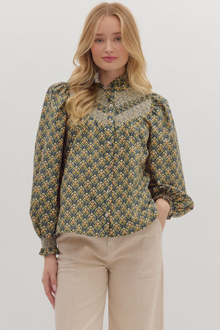 Entro | Floral Smocked Blouse H Green