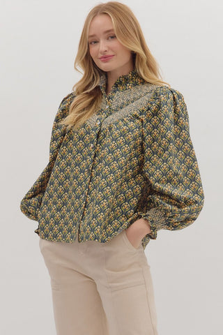 Entro | Floral Smocked Blouse H Green