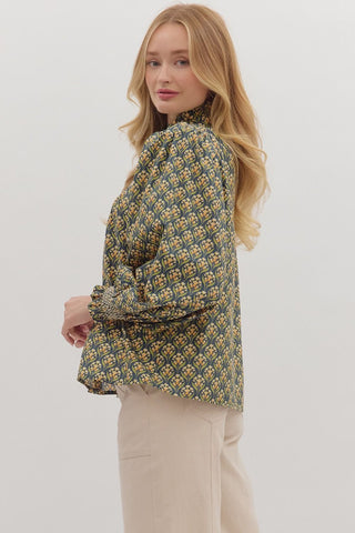 Entro | Floral Smocked Blouse H Green