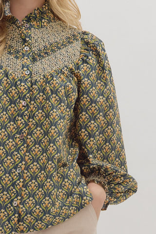 Entro | Floral Smocked Blouse H Green