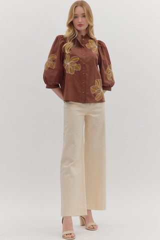 Entro | Arlo Embroidered Ruffle Blouse Chocolate