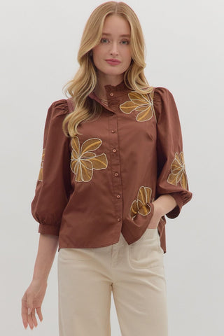 Entro | Arlo Embroidered Ruffle Blouse Chocolate