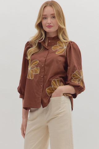Entro | Arlo Embroidered Ruffle Blouse Chocolate