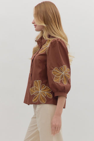 Entro | Arlo Embroidered Ruffle Blouse Chocolate
