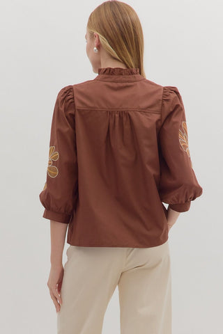 Entro | Arlo Embroidered Ruffle Blouse Chocolate