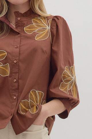 Entro | Arlo Embroidered Ruffle Blouse Chocolate