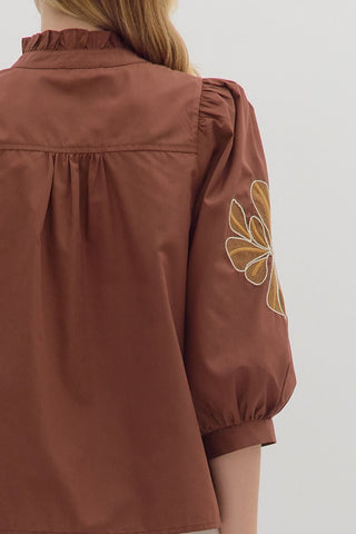 Entro | Arlo Embroidered Ruffle Blouse Chocolate