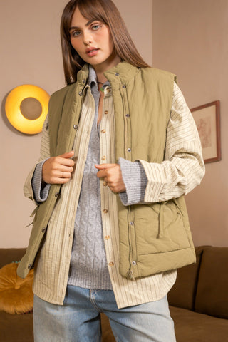 Dreya Ribbon Tie Puffer Vest Sand Olive [Door Buster]